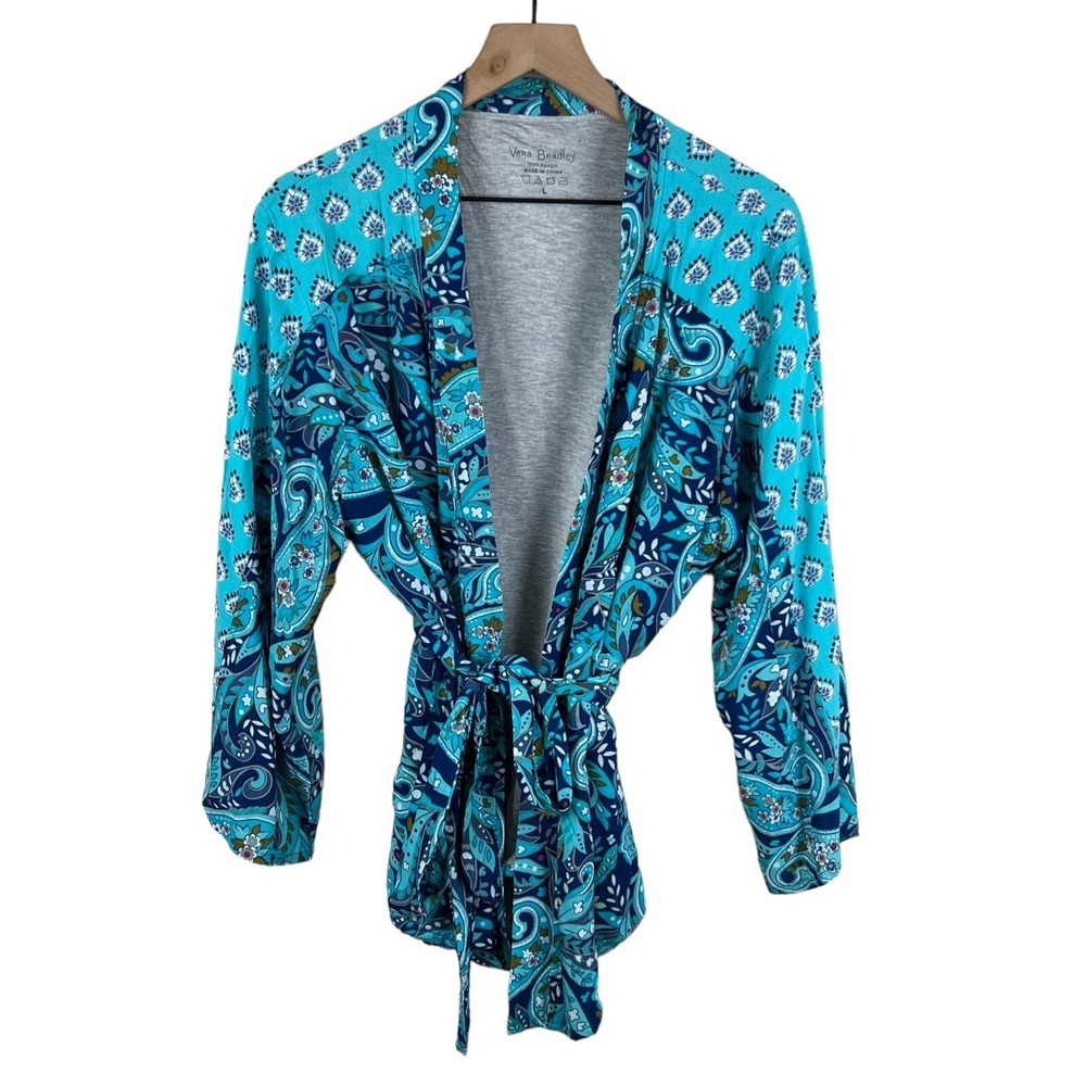 Vera Bradley Womens Large Robe Blue Teal Paisley Rayon Tie Front Kimono Wrap